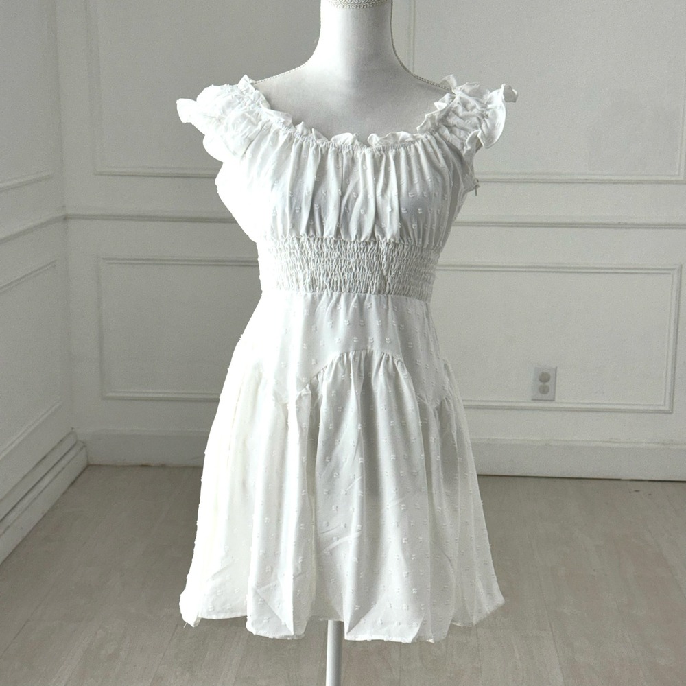 White Swiss Dot Smocked Waist Ruffle Mini Dress Flutter Sleeve Cottagecore